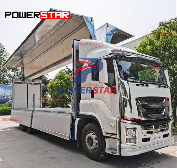 Japan ISUZU GiGA 4x2 Heavy Duty 6 Wheels Side lifting Cargo Van 10 tons Wing Open Box Truck for sale