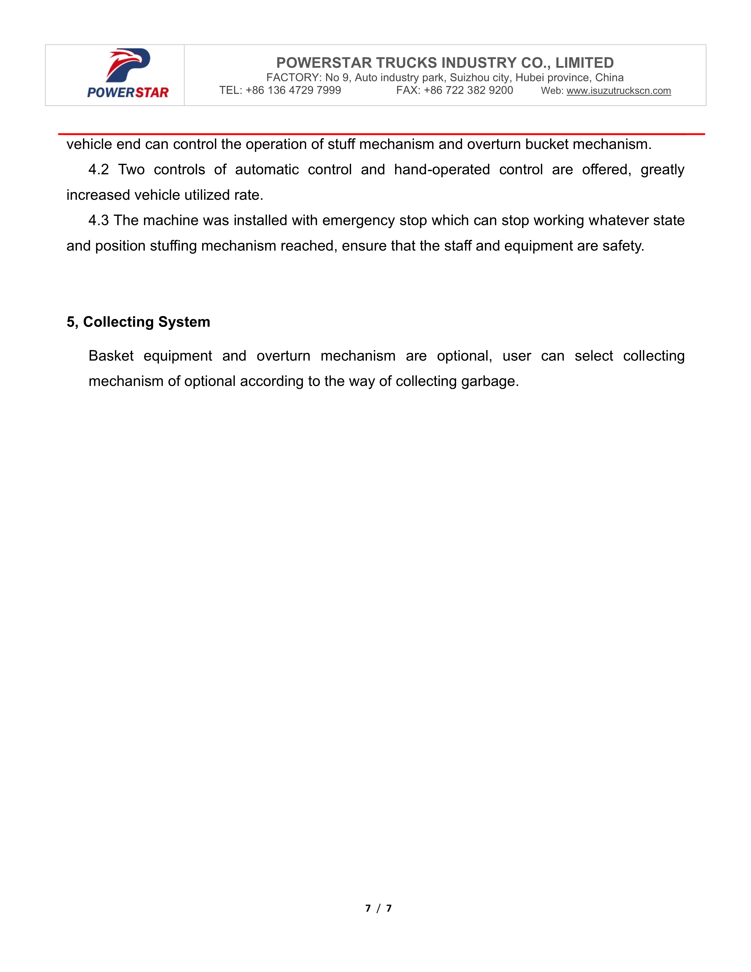 Refuse compactor truck Isuzu factory testing check list