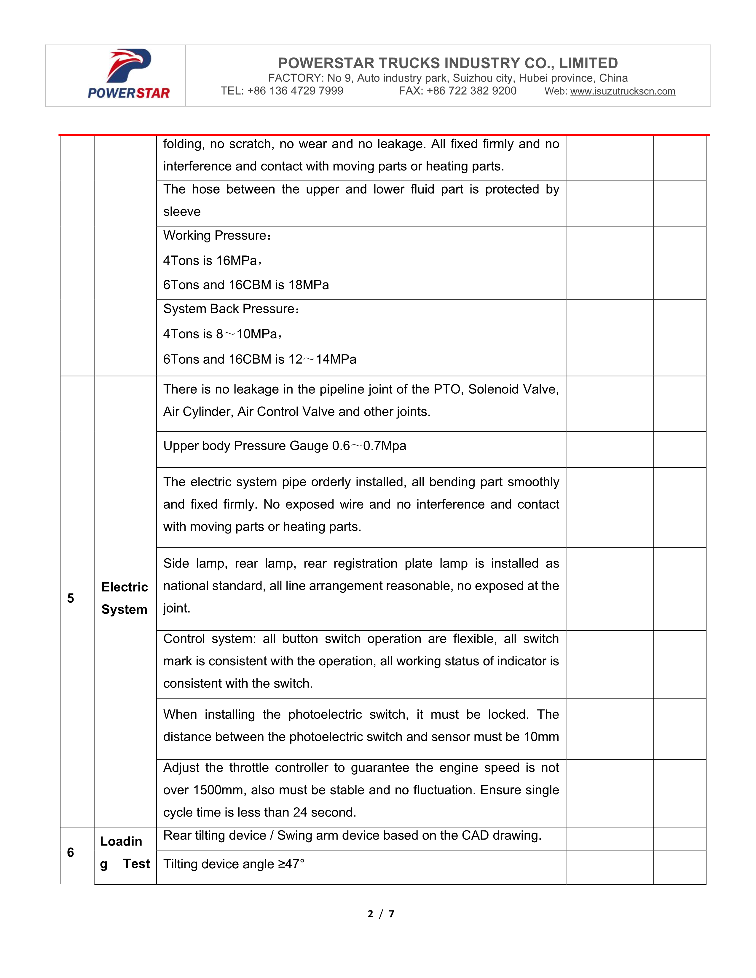 Refuse compactor truck Isuzu factory testing check list