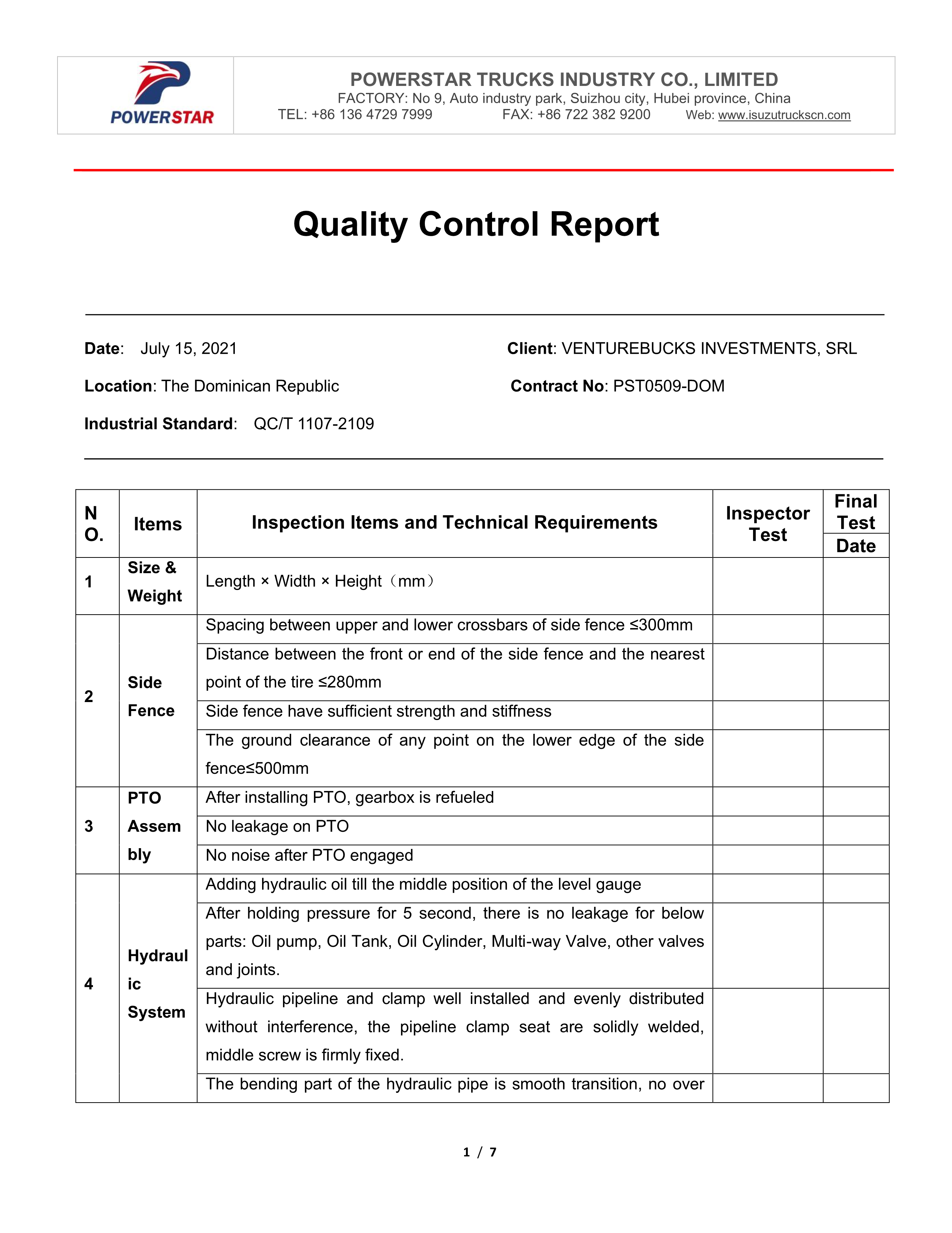 Refuse compactor truck Isuzu factory testing check list