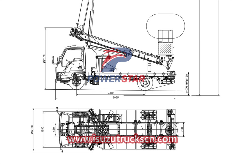 Technical drawing of aerial lift and bucket truck Isuzu