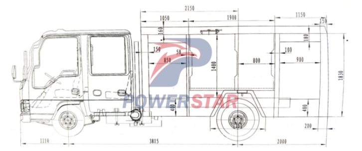 Technical drawing of Isuzu 4x4 off road chassis-cab water fire truck