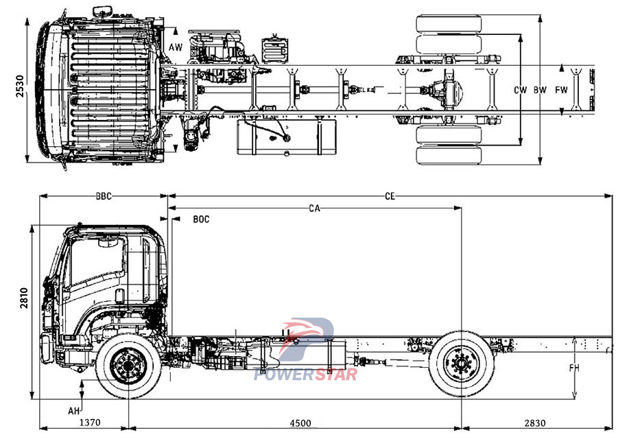 Technical drawing of Isuzu FVR medium truck with 6HK1 engine