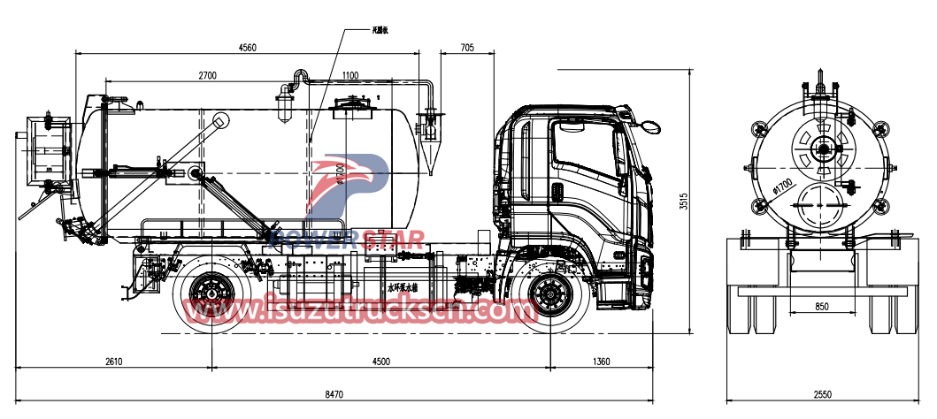 Technical drawing of Isuzu VC61 Hydro Jetting Drain Cleaning truck