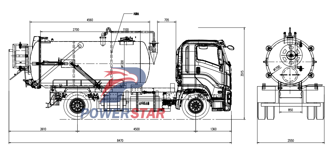 Technical drawing of Isuzu FVR 8cbm PM80A pump vacuum sewage suction truck