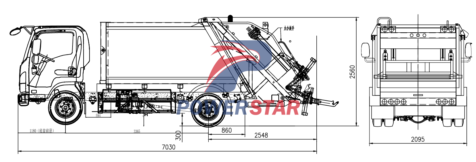 Technical drawing of Isuzu 4x2 6cbm EVM600 electric garbage truck